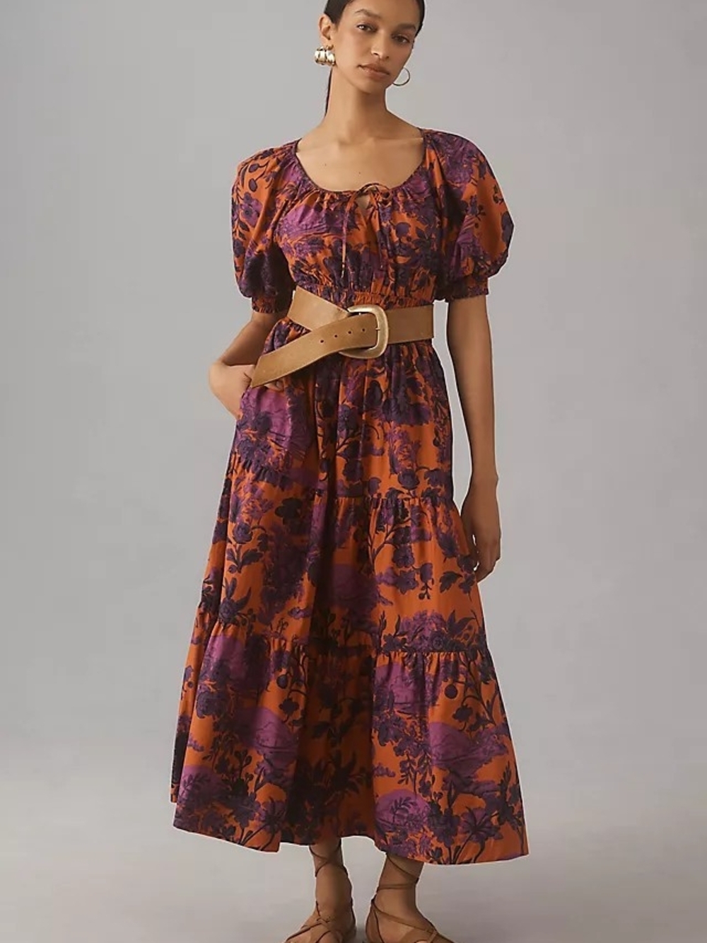 Anthropologie Somerset Puff Sleeve Maxi Dress M Orange Purple Floral